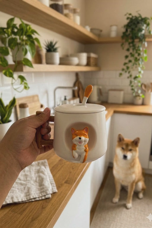 Taza Blanca de Hachiko en 3D con Tapa y Cuchara | Taza de Perros