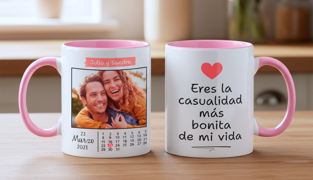 Taza Blanca y Rosada 11 oz Fecha Especial con Foto Personalizada - Tazas San Valentín 