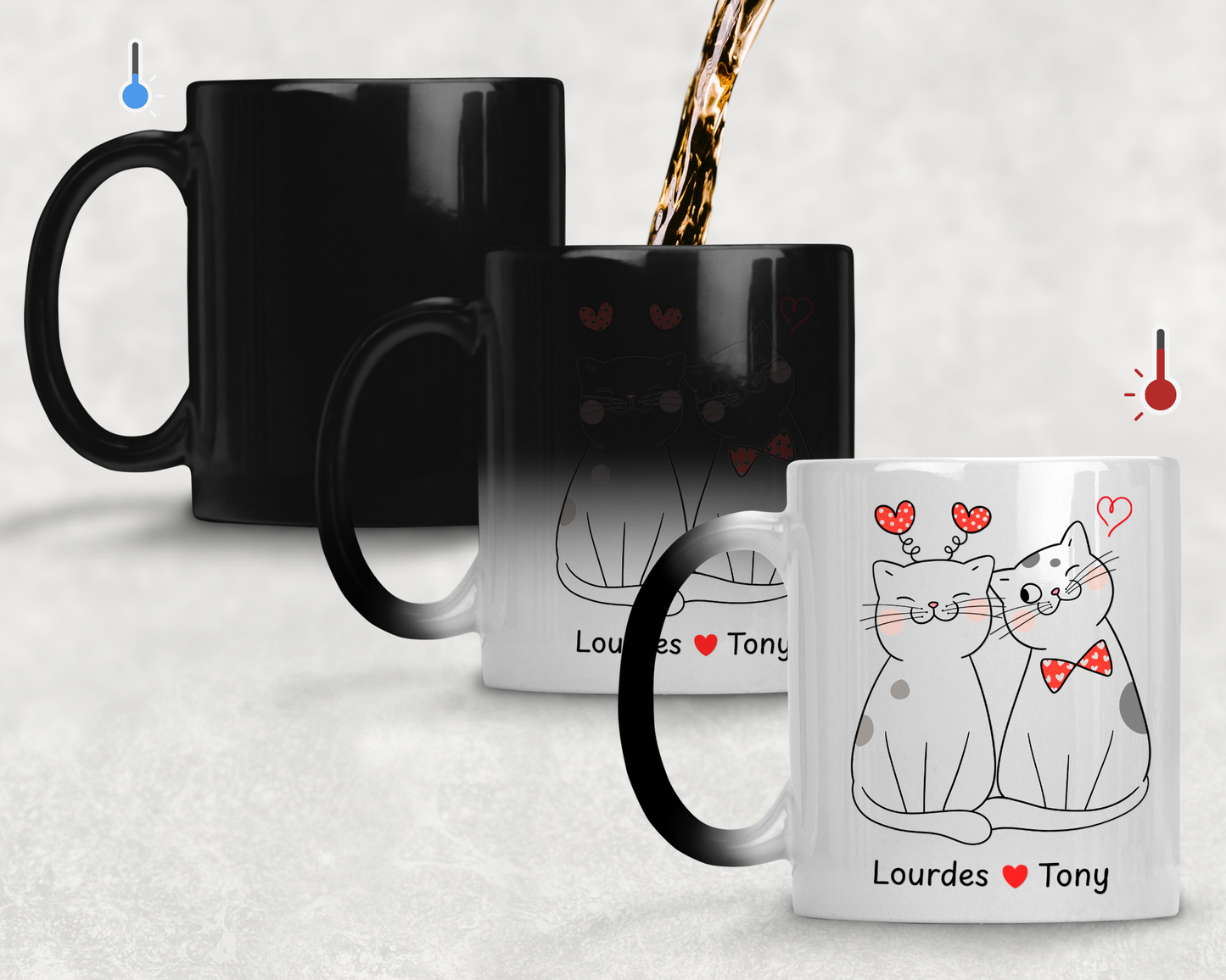 Taza Mágica de 11 oz de Gatos Pareja con Nombres Personalizados - Tazas San Valentín - Tazas para Parejas