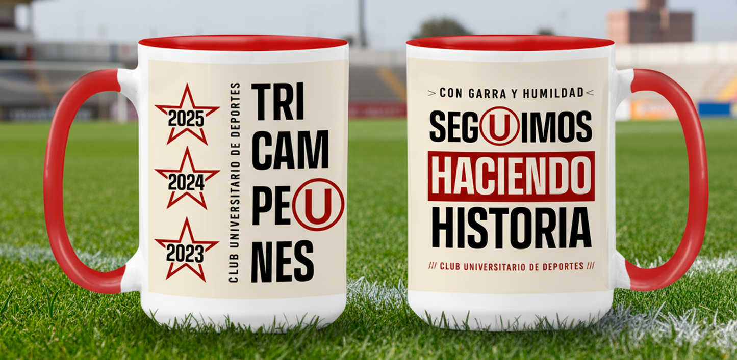 Taza Tricampeón Universitario - Taza Blanca y Roja 15 oz - Taza de Fútbol 