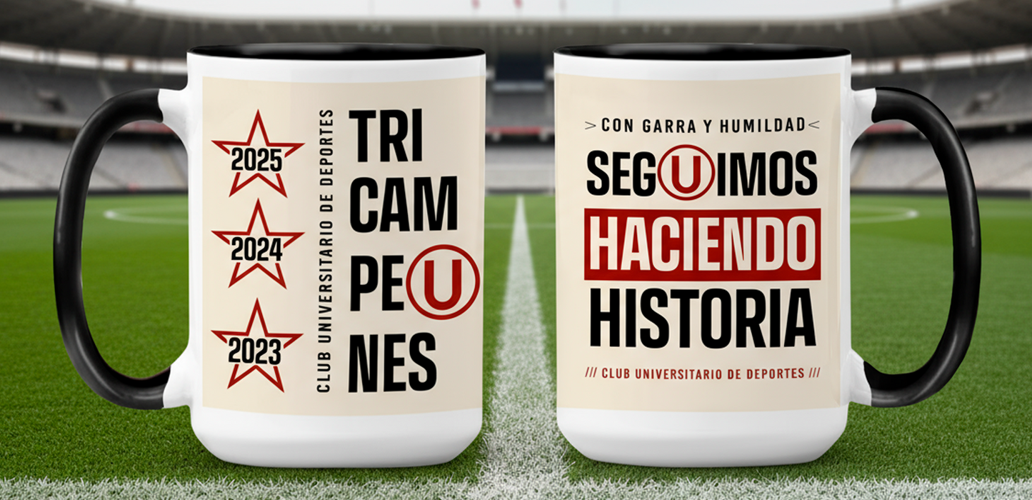 Taza Tricampeón Universitario - Taza Blanca y Negra 15 oz - Taza de Fútbol 